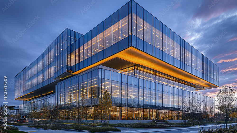 Obraz premium modern glass office building with striking amber glow, showcasing contemporary architecture