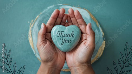 Grateful Hands Holding Teal Thank You Heart Stone