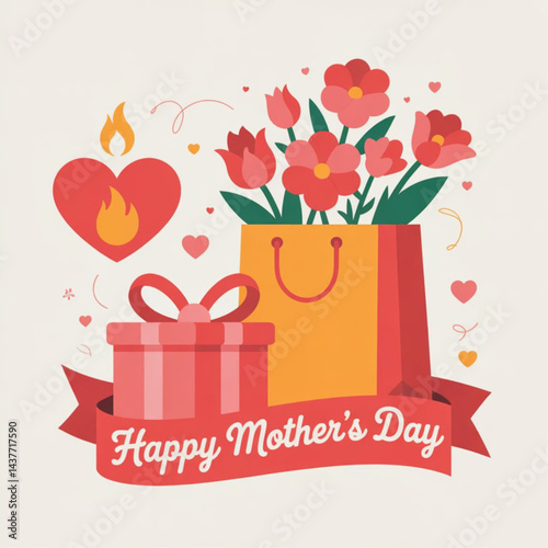 Mothers day card, icon, gift, shopping bag, Vector illustration. Mothers day card, icon, gift, shopping bag with flowers on white background. EPS 10 
