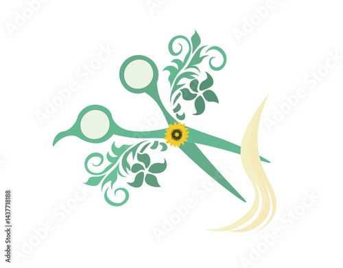 Scissors Cutting Hair Strand. Scissors are cutting a strand of flowing hair. Illustration art of scissor with isolated background.  Hairdressing scissors and a lock of curly hair. Hairdressing scissor