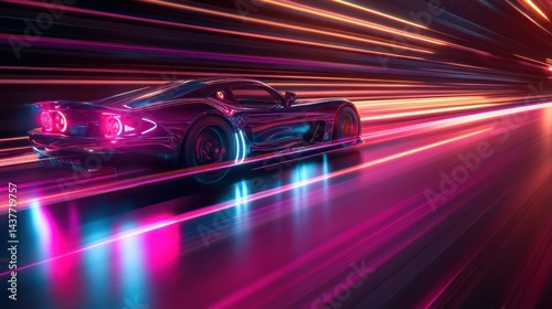 Speeding sports car, neon lights, night road, futuristic background, advertisement