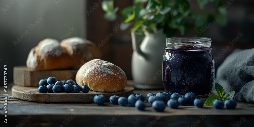 Fresh bakery rolls with juicy blueberries and homemade jam. A rustic kitchen setting brings warmth and comfort. Perfect for food lovers and culinary designs. AI