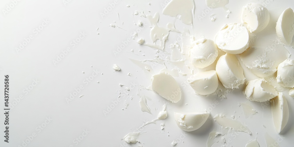 A clean and minimalistic image of white pieces scattered on a light background. This photograph captures the simplicity of design. Ideal for culinary or product presentations. AI