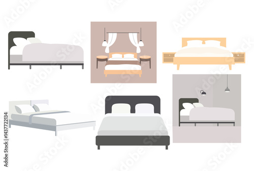A high-quality bed vector illustration set featuring various styles and types of beds for creative projects.	

