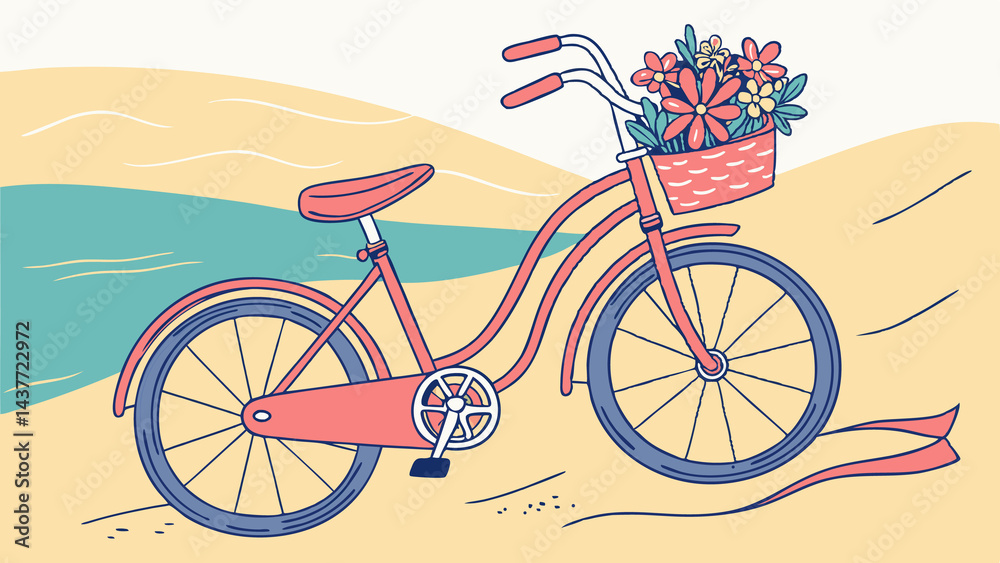 Fototapeta premium Classic Beach Cruiser Bicycle with Wicker Flower Basket