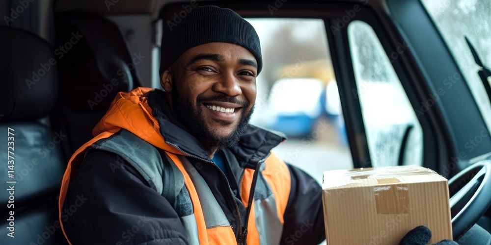 A friendly delivery driver smiles while holding a package in a delivery truck. This image captures the essence of service and reliability. Perfect for logistics or transportation themes. AI