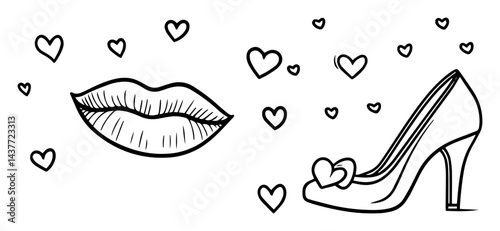 hand drawn lips and high heel shoe with hearts black and white vector