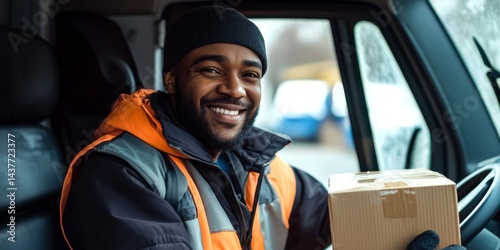 Obraz na płótnie A friendly delivery driver smiles while holding a package in a delivery truck. This image captures the essence of service and reliability. Perfect for logistics or transportation themes. AI w salonie
