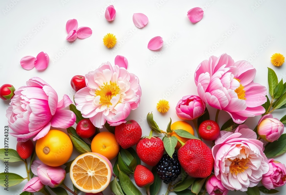 Abstract spring background with vibrant peonies and fresh summer fruits, styled flat lay, scene, still life Abstract spring background with vibrant peonies and fresh summer fruits, styled flat lay, scene, still life