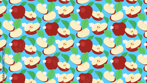 Seamless pattern with apples, leaves and flowers on blue background
