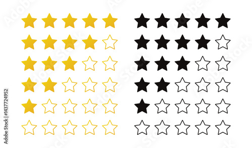 Star rate icons vector set. Star rate flat yellow and black style.