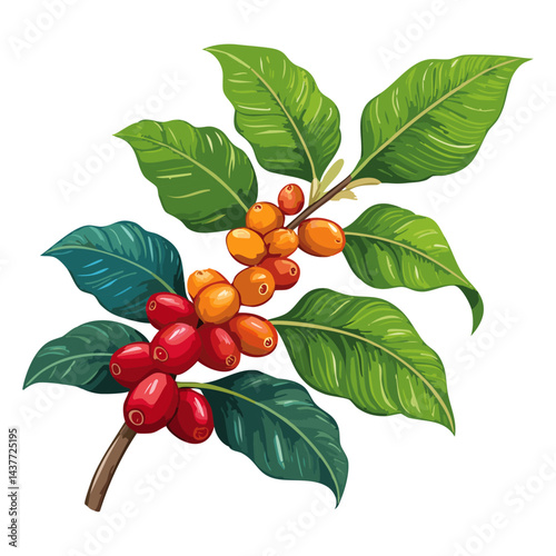Coffee on a branch vector illustration of a plant with leaves and fruits. Color realistic image of an agricultural crop for the production of a drink. For packaging design