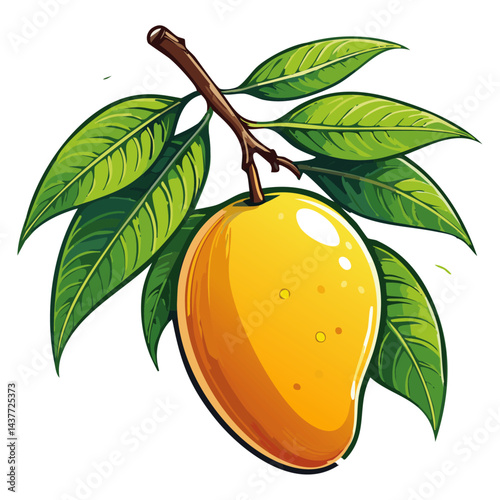 Mango on a branch vector illustration in color sketch style. Bright image of tropical fruit on a branch with leaves on an isolated background. For packaging and design