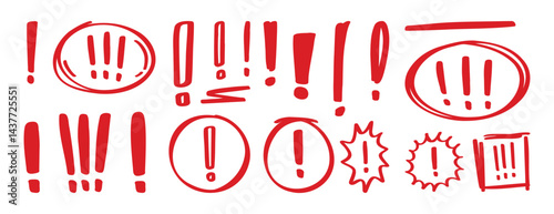 Exclamation mark doodle hand drawn icon set. Attention sign clipart symbol. Hazard warning drawing