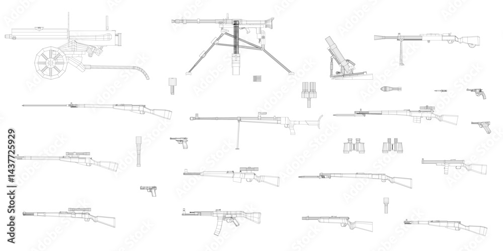 Fototapeta premium A series of black and white drawings of guns and other weapons. The drawings are all different sizes and shapes, but they all have a similar theme. Scene is somewhat ominous and dark