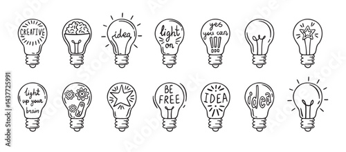 Doodle light bulb idea icon hand drawn set. light bulbs idea concept drawing