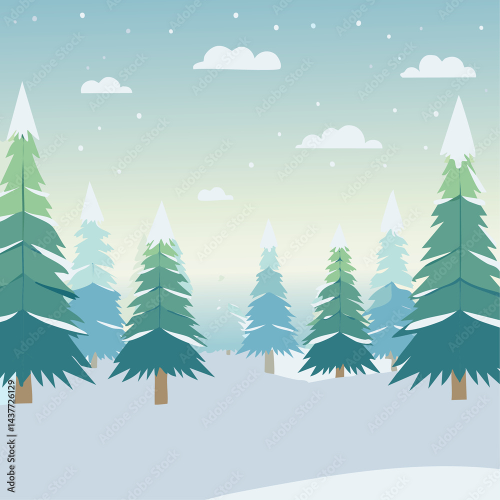 Snowy forest with fir trees vector illustration in scandinavian laconic style. Christmas natural background for postcards and invitations. New Year's backdrop of cold northern nature. Snowy forest with fir trees vector illustration in scandinavian laconic style. Christmas natural background for postcards and invitations. New Year's backdrop of cold northern nature.
