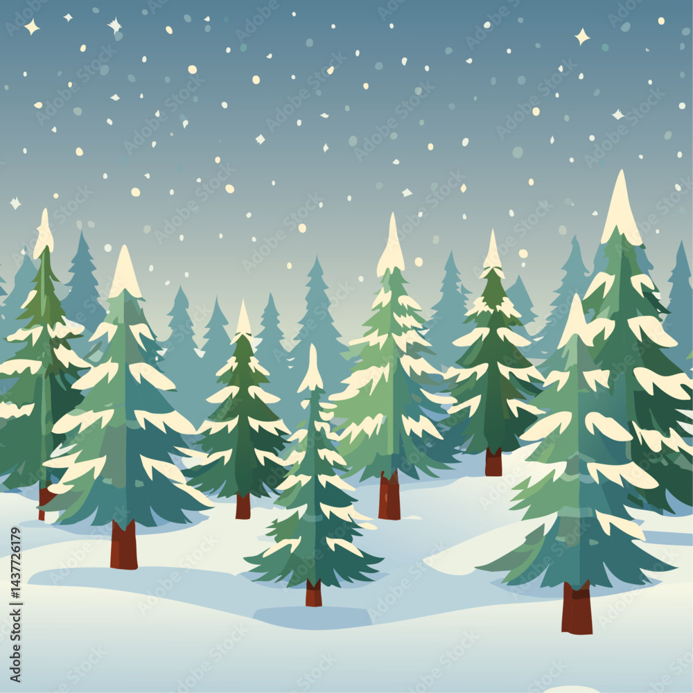 Obraz premium Snowy forest with fir trees vector illustration in scandinavian laconic style. Christmas natural background for postcards and invitations. New Year's backdrop of cold northern nature.