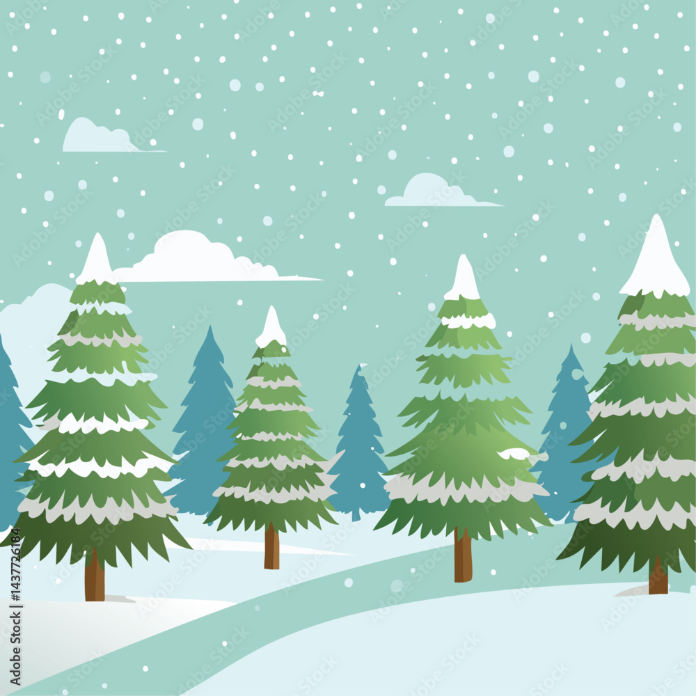 Obraz premium Snowy forest with fir trees vector illustration in scandinavian laconic style. Christmas natural background for postcards and invitations. New Year's backdrop of cold northern nature.