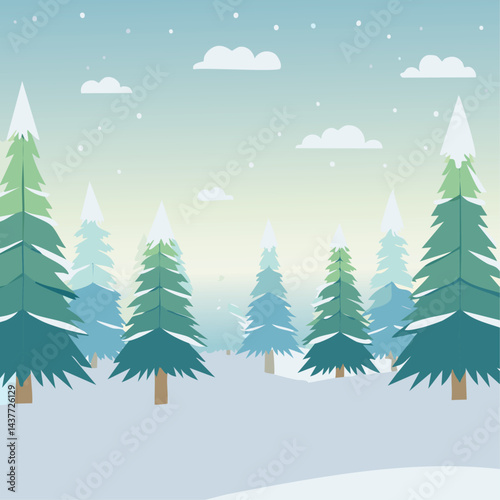Snowy forest with fir trees vector illustration in scandinavian laconic style. Christmas natural background for postcards and invitations. New Year's backdrop of cold northern nature.