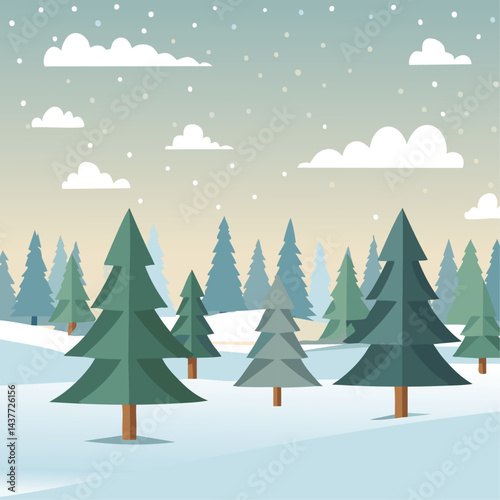 Snowy forest with fir trees vector illustration in scandinavian laconic style. Christmas natural background for postcards and invitations. New Year's backdrop of cold northern nature.