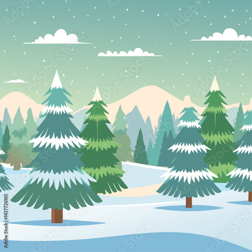 Snowy forest with fir trees vector illustration in scandinavian laconic style. Christmas natural background for postcards and invitations. New Year's backdrop of cold northern nature.