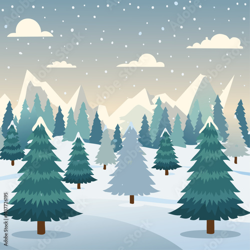Snowy forest with fir trees vector illustration in scandinavian laconic style. Christmas natural background for postcards and invitations. New Year's backdrop of cold northern nature.
