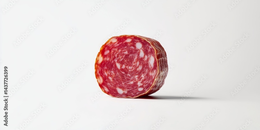 A vibrant round piece of salami resting on a clean surface. This image captures the texture and colors of the salami. Perfect for food blogs, recipes, or culinary websites. AI