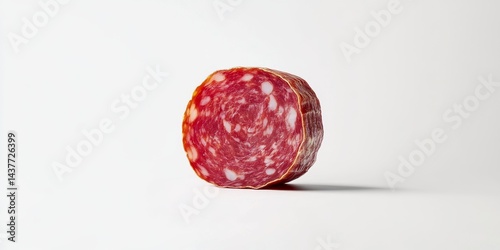 A vibrant round piece of salami resting on a clean surface. This image captures the texture and colors of the salami. Perfect for food blogs, recipes, or culinary websites. AI