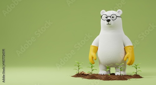 Cartoon polar bear with glasses and gloves planting seedlings in soil on green background evokes environmental awareness