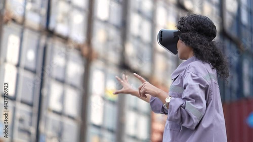 Female worker using virtual reality headset to inspect cargo containers at a shipping yard, demonstrating smart logistics and digital technology in industry.