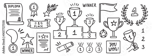 awards winner doodle hand drawn icon set. Outline drawing prizes and success items line clipart symbol collection. winner cups and medals.