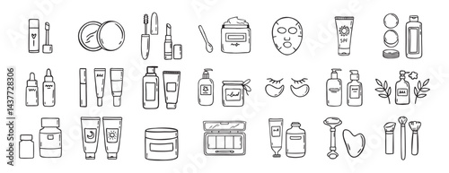 make up beauty doodle hand drawn icon set. Outline drawing cosmetics line clipart symbol