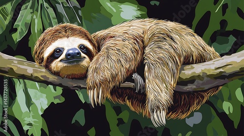 Cute sloth resting peacefully on tree branch amid lush greenery wildlife portrait