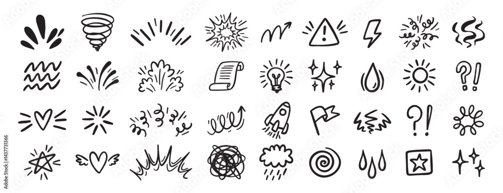 Fototapeta premium Comic effect icon set, manga doodle elements collection. Retro anime movement, exclamation and emphasis expressions. Doodle emotion of character in comic style