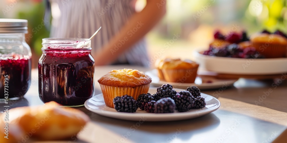 A cozy breakfast scene featuring freshly baked muffins and jars of homemade jam. The setting is bright and inviting, ideal for food photography and culinary inspiration.