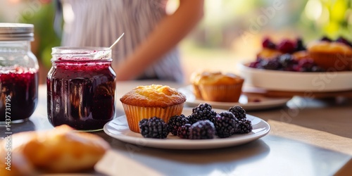 Obraz na płótnie A cozy breakfast scene featuring freshly baked muffins and jars of homemade jam. The setting is bright and inviting, ideal for food photography and culinary inspiration. w salonie