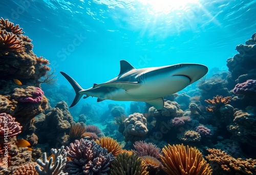 Blacktip reef shark gracefully swims amidst vibrant coral, bathed in sunlit Andaman Sea waters, background,  aquatic life photo