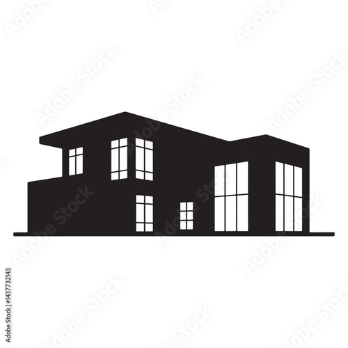 Flat Black Vector Silhouette of a Modern Villa with Large Windows and Flat Roof, Front View, on White Background