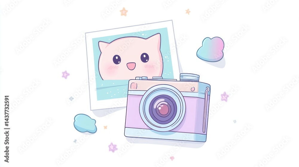 Fototapeta premium Cute cat photo, camera, pastel background; blog, social media