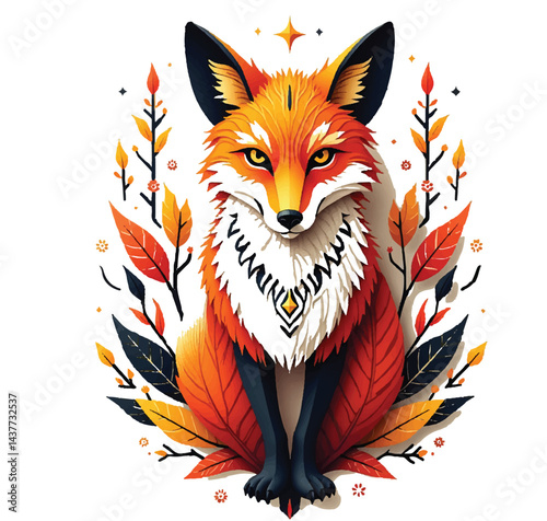 A stunning, highly detailed illustration of a majestic fox, portrayed in a vibrant, stylized design. The fox sits proudly at the center, with sharp, symmetrical features and rich, fiery hues of orange