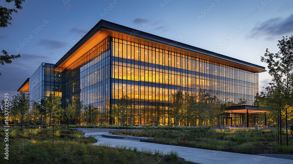 Obraz premium Modern glass building with illuminated facades and surrounding greenery at dusk