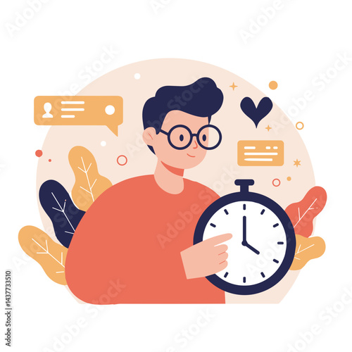 Vector icon of a person tracking time in a colorful setting illustrated in a flat design style