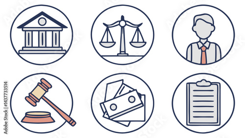 Legal Icons Representing Law, Court, Lawyer, Finance, And Justice Process