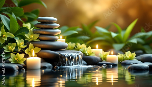 Relaxing spa stones and lit candles with flowers.