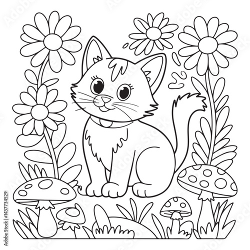Coloring page featuring an adorable cat surrounded by blooming flowers.