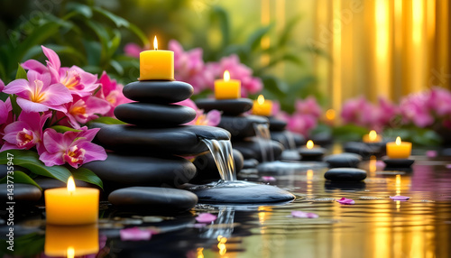 Relaxing spa stones and lit candles with flowers