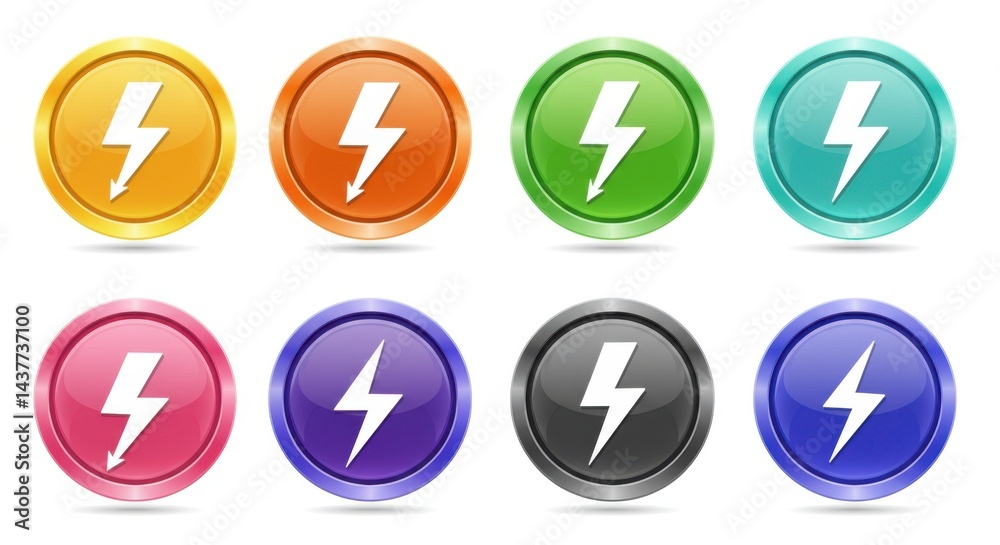 Eight colorful glossy round icons displaying white lightning bolt symbols on a white background Eight colorful glossy round icons displaying white lightning bolt symbols on a white background