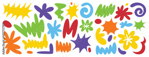 Abstract funny bright squiggle shapes set. Creative positive color doodle elements. 