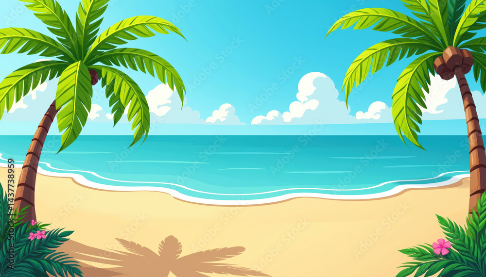 Beautiful colorful illustration of a serene tropical beach with two tall palm trees, a sandy shore, gentle waves, and a few scattered clouds in a clear blue sky. Beautiful colorful illustration of a serene tropical beach with two tall palm trees, a sandy shore, gentle waves, and a few scattered clouds in a clear blue sky.